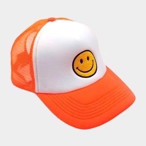Neon smiley face snap back hat